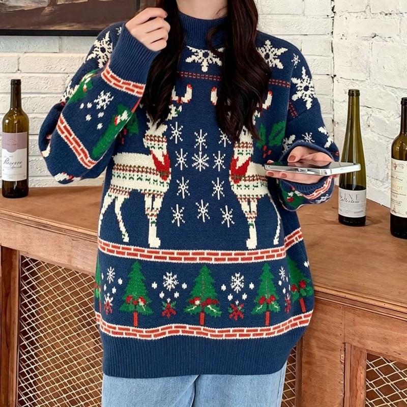 Womens Loose Knit Sweater With Christmas Deer Embroidery Long Sleeve Pullover Winter Holiday Season