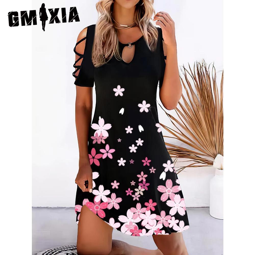 GMXIA 13 Farben Damen Kleid mit Blumenmuster Sommer Sexy Kurzarm O-Ausschnitt Mini Kleider Weiblich Vintage Elegantes Kleid