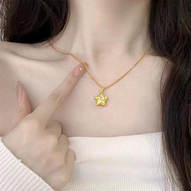 Luxury 24K 9999 Pure Gold real gold Ancient Hammer Star Pendant Women's Five-pointed Star Pendant Necklace