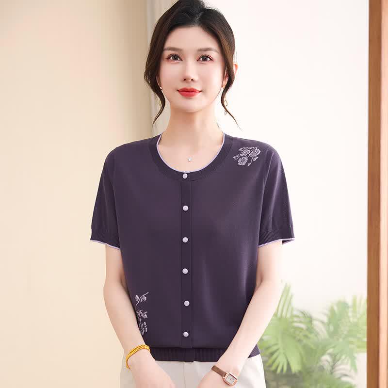 Hengyuanxiang Women's Lyocell Tencel Embroidered Short Sleeve Knit Top