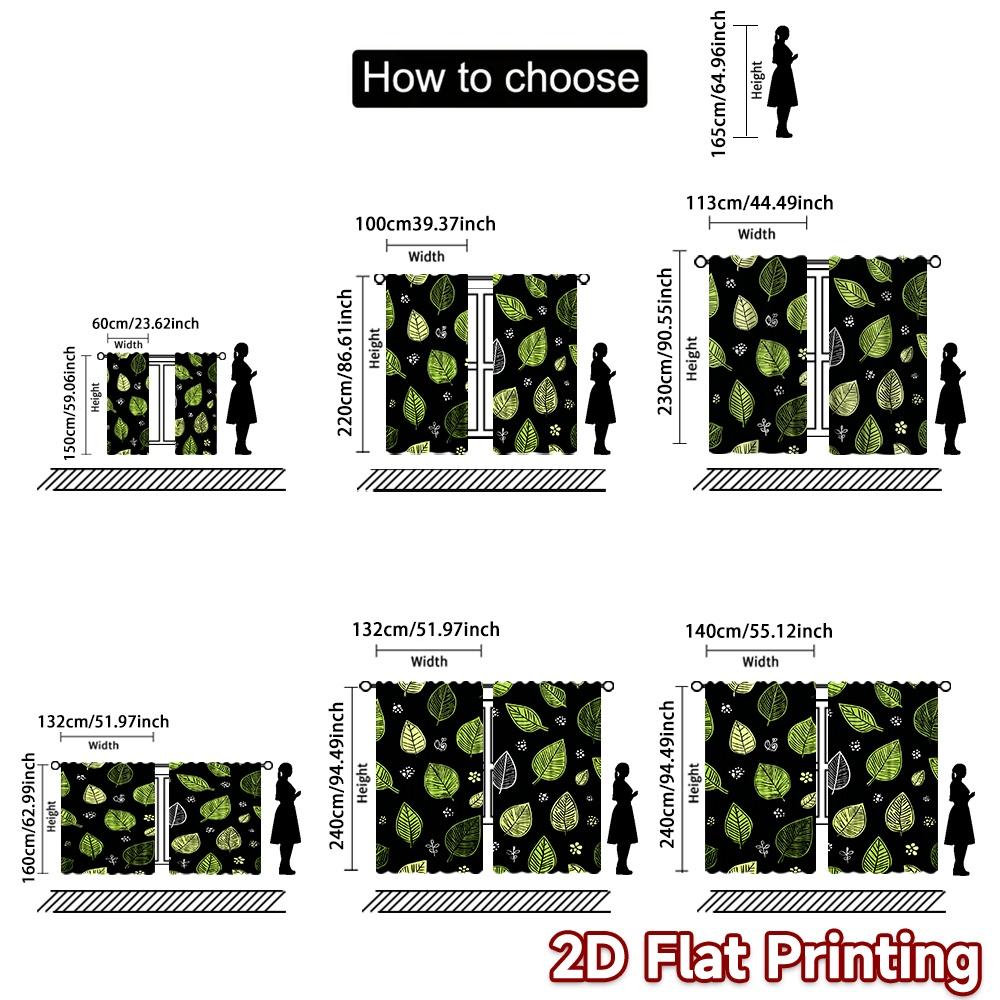 Set Of 2 Flat Printing Curtains Without Rod Green Leaf Design Dark Background April Fools Is Day Festival Fashion Curtain Polyester