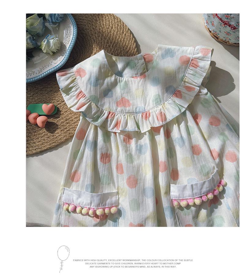 2026 Summer Girls' Colorful Polka Dot Dress with Korean Style Ruffle Collar