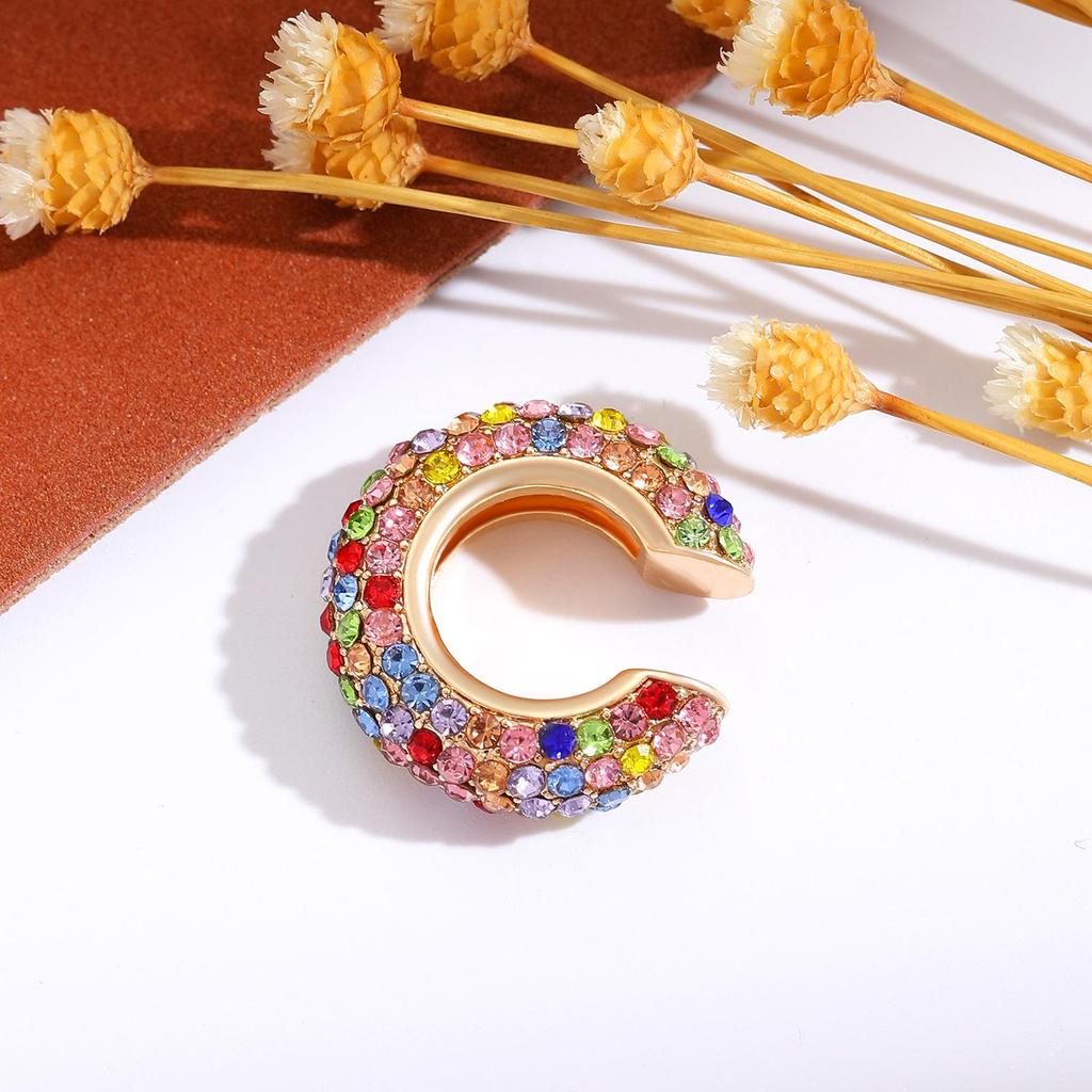 Retro Fashion C-Shaped Bling Ear Clips with Colored Diamonds - Trendy No-Pierce Earrings