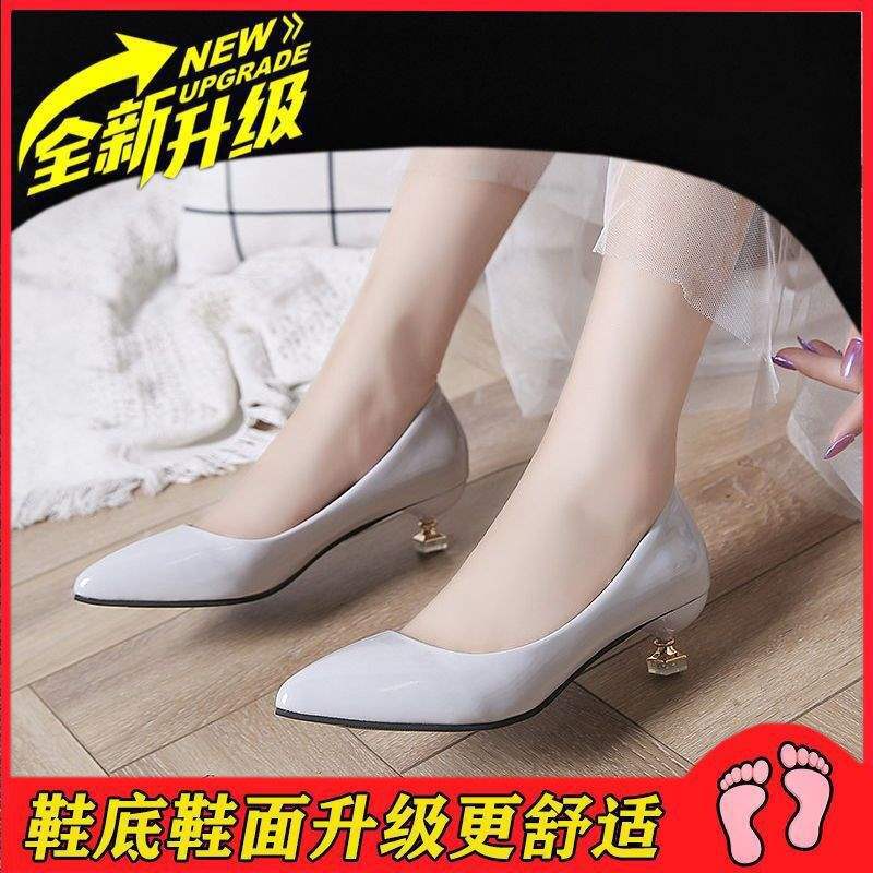 3Cm cat heel low heel spring and autumn thin heel bright leather single shoes pointed black candy color versatile simple comfortable work shoes