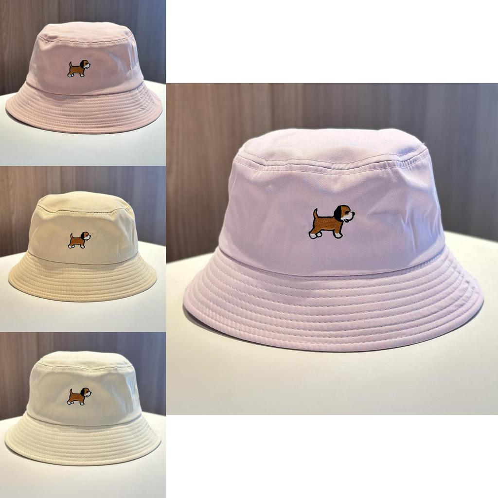 Womens Summer Cotton Embroidered Fisherman Hat With Cartoon Dog Embroidery Design For Sunblock