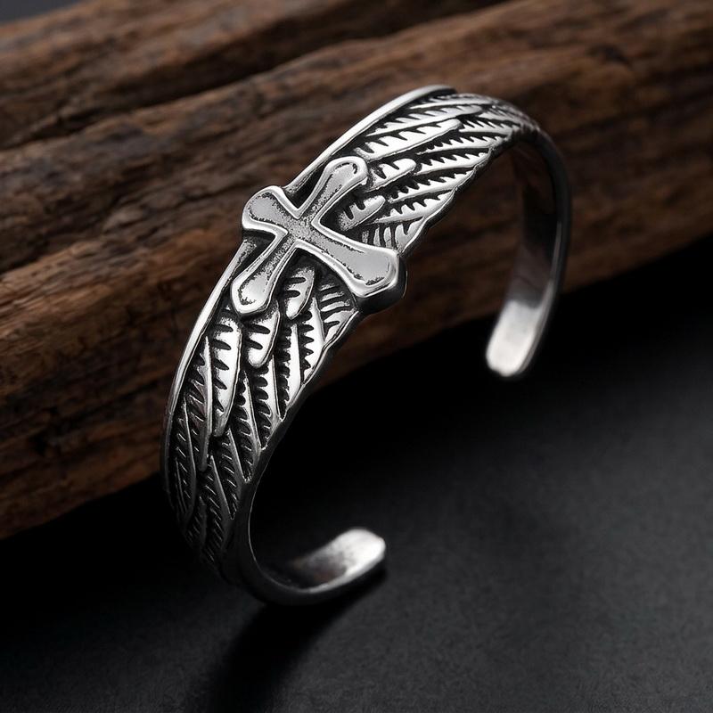 Vintage Stainless Steel Wide Open Cuff Bracelet for Men Eagle Skull Cross Angel Wing Feather Bangle Gothic Jewelry Gifts
