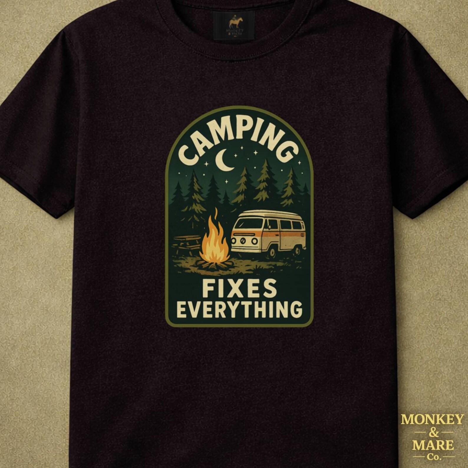 Camper Van Shirt, Camping Fixes Everything, Vintage Campfire Night Sky Tee S