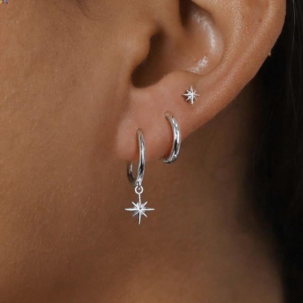 3 Pcs Fashion Stainless Steel Round Star Drop Earrings for Women Trendy Crystal Zirconia Dangle Earring Punk Unisex Rock Jewelry