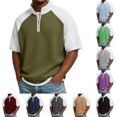 Men's Stand Collar Half Zipper Raglan Sleeve Color Block Casual Short-Sleeve Top