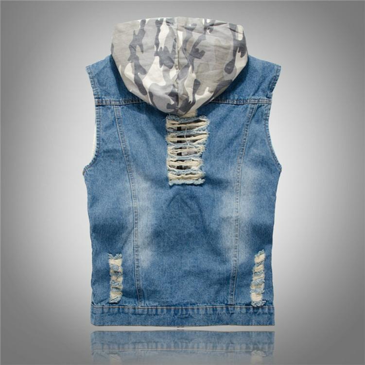 Gilet di Jeans Ripped da Uomo Vestibilità Slim Gilet di Jeans con Cappuccio Gilet di Jeans da Uomo