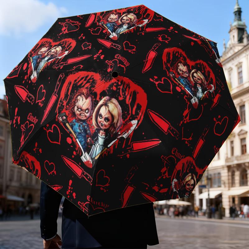 Love And Horror Doll Pattern Automatic Folding Umbrella - 8-Rib Travel Umbrella with Auto Open/Close & Portable Gifts for Holidays or Birthdays