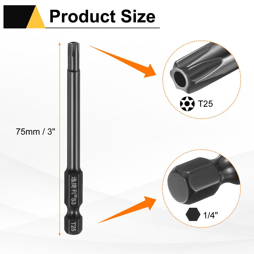 6pcs T6-T40 Torx Screwdriver Bit 1/4" Hex Shank 75mm/100mm S3 Steel Magnetic Tamper Proof Star 6 Point Head Hex Screw Driver Bit