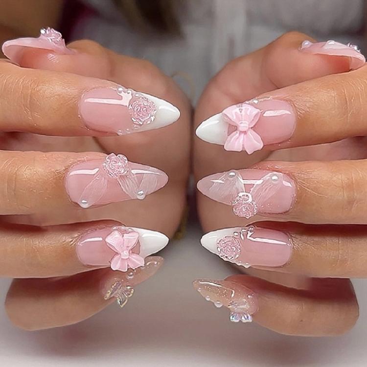 

24 Pcs Flowers Full Cover False Nail White French Tip Acrylic Nail 3D Bows Press On Nail Almond Shape Stick on Nail 1