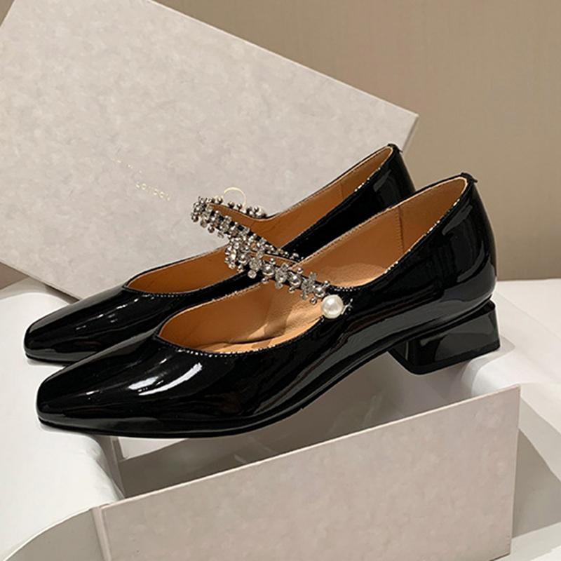 Women Genuine Leather Pumps Elegant Crystal Pearl Strap Women Mary Jane Shoes Sheepskin Low Heel Burgundy Single Pumps 34-39