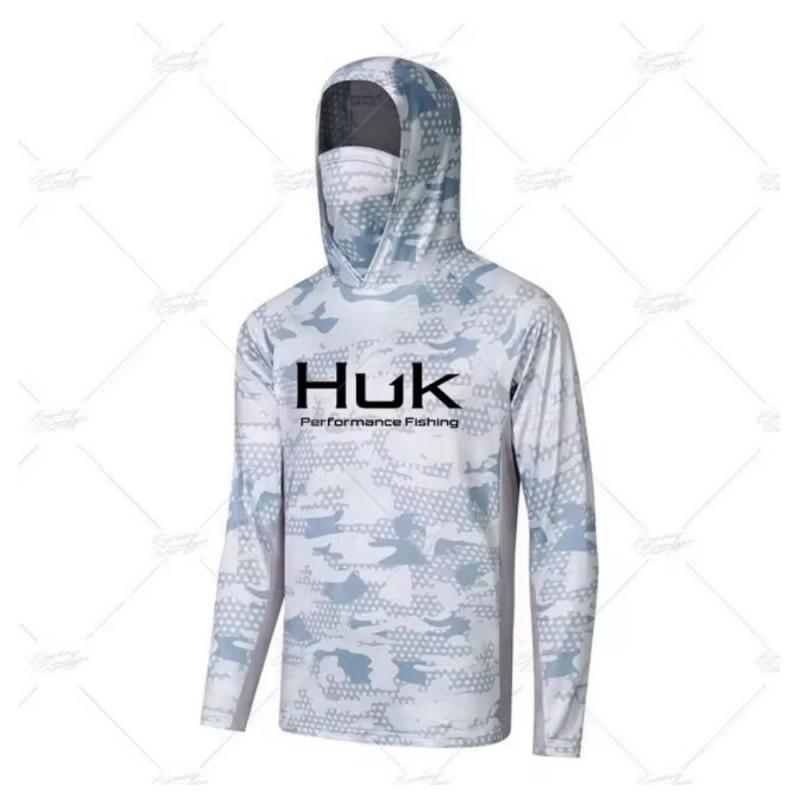 

HUK Fishing Hooded Shirt Mask Anti-ultraviolet Collar Suit Men s Long-sleeved Breathable Quick-drying T-shirt L