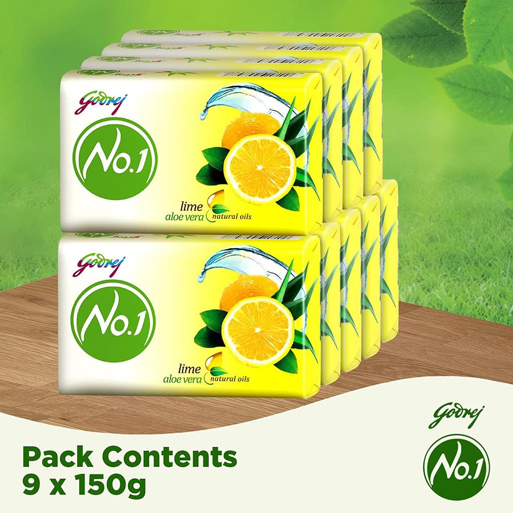 Godrej No.1 Lime & Aloe Vera (150g), Pack of 9 - High TFM (Grade 1 Soap), Long-Lasting Fragrance