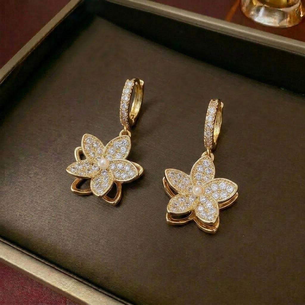 European & American Women's Zircon Flower Necklace & Rotatable Pendant Earrings Set