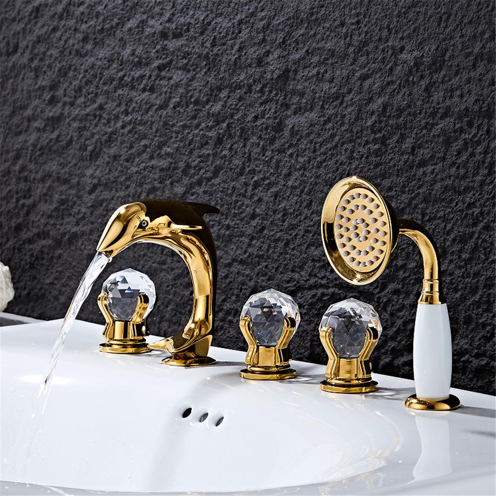 Золотой дельфин Смеситель для ванны Широко устанавливаемый Смеситель для раковины ванны черный Латунный Смеситель для ванны и душа с ручной лейкой золотой