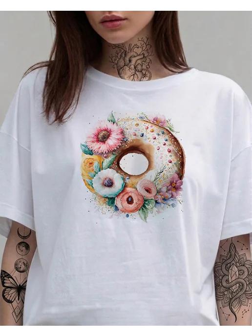 Flowers and Donut T-shirt. Summer print 3XL
