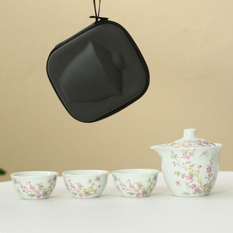 

Creative Chinese Character Ceramic Tea Set, Travel 1 Teapot 3 Teacups Portable Camping Tea Maker Quick Cup