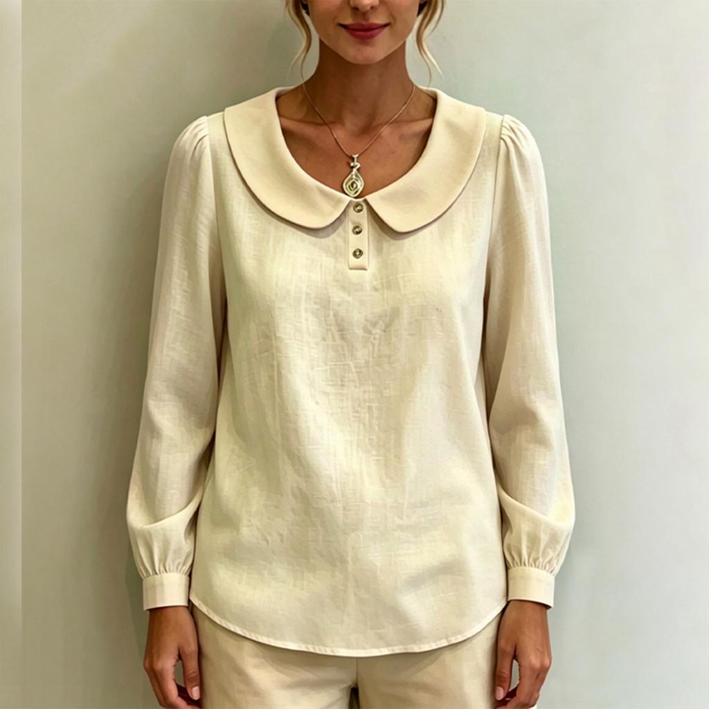 Women Long Sleeve Blouse Loose Fit Peter Pan Collar Shirt Breathable Puff Sleeve Top Casual Workwear