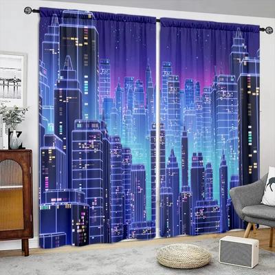 2 pièces Nouvelle Décoration Motif Skyline de Ville Tringles à Rideaux à Pochette Rideau Pour Toutes Saisons Pour Chambre Cuisine Bureau Salle d'Étude Salon