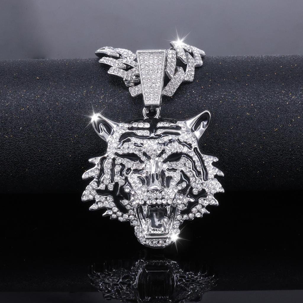 European American Cool 3D Full Rhinestone New Enamel Tiger Head Pendant, Trendsetter Personalized Men Hip Hop Necklace