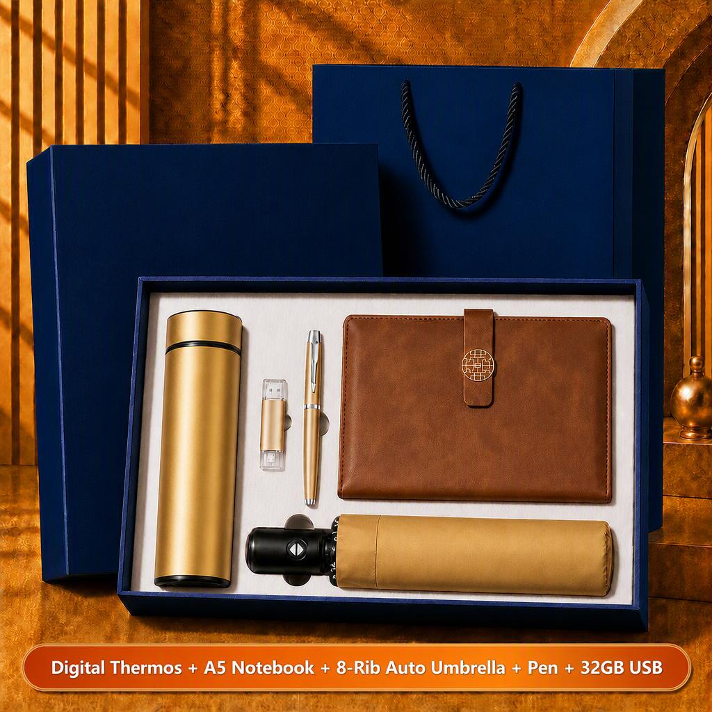 Custom Logo 7-in-1 Business Gift Set Power Bank Bluetooth Speaker Vacuum Flask 304 Stainless Steel Silver Gift Box
