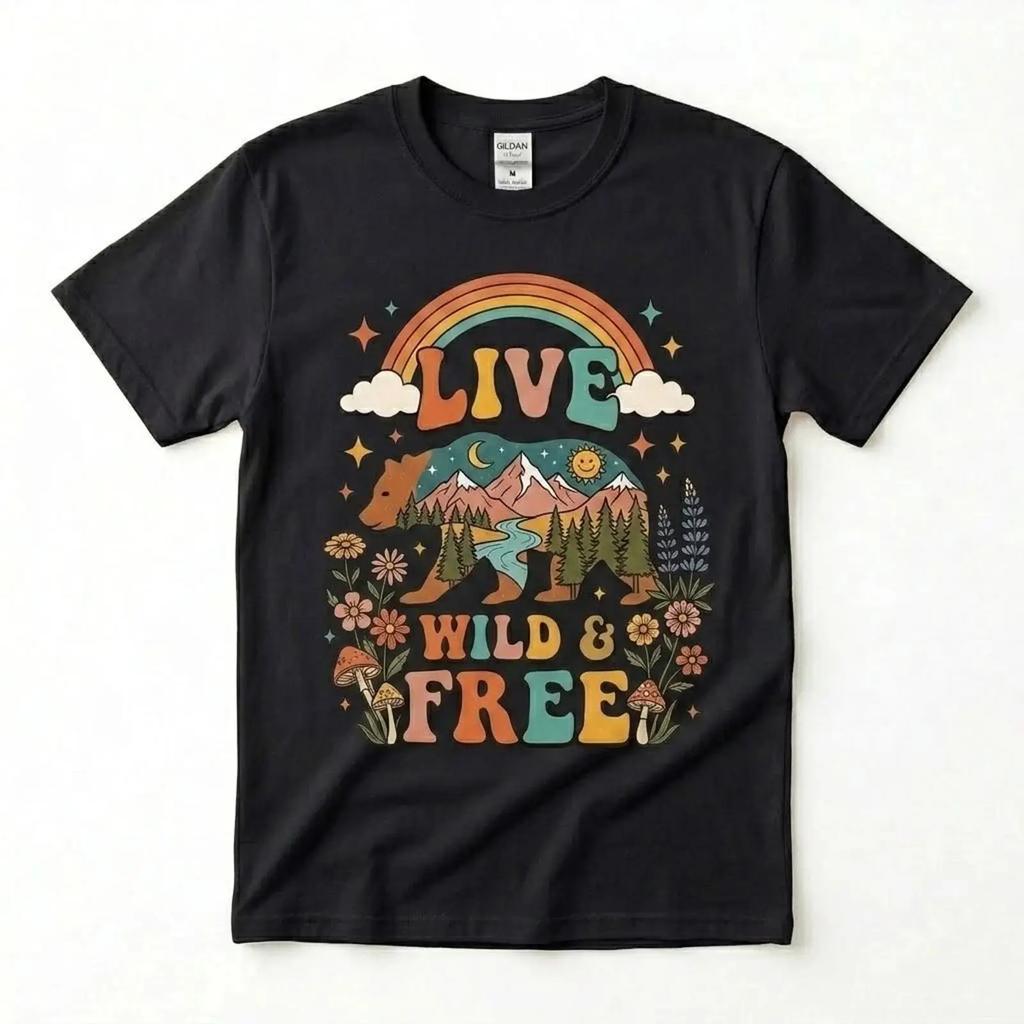 Live Wild amp Free Bear T Shirt Retro 70s Boho Hippie Mountain Nature vintage Washed Casual designer clothes Breathable