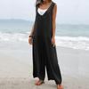 Einfarbiger, dünner Jumpsuit für Damen im Sommer, einteilig, V-Ausschnitt, ärmellos, mit Taschen, lässig, locker, atmungsaktiv, für den Urlaub, weites Bein, lange Hose, Strampler
