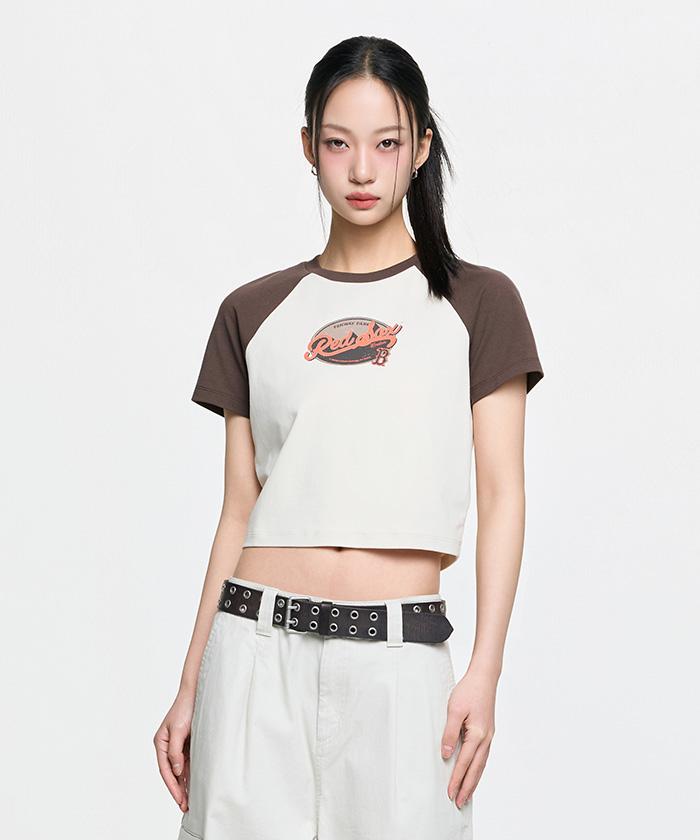 Emelbi Women'S Vintage Colorblock Crop T-Shirt Bos (L.Sand)