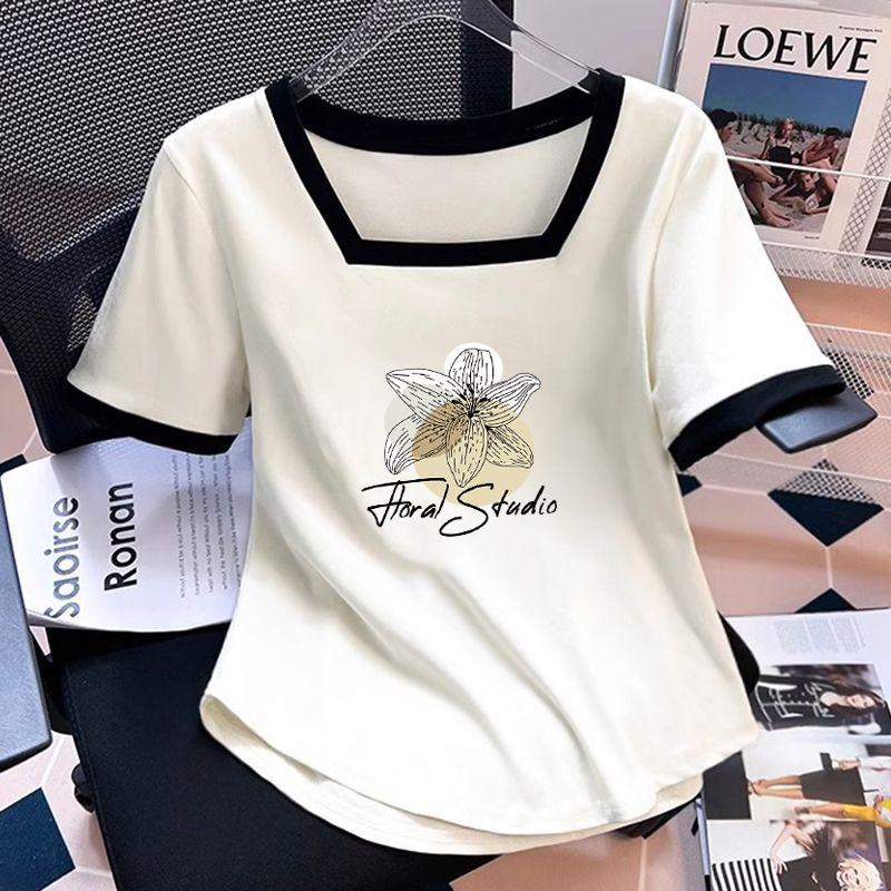 

2025 Summer Women s Plus Size Slimming Pure Cotton Square Neck T-Shirt 3XL