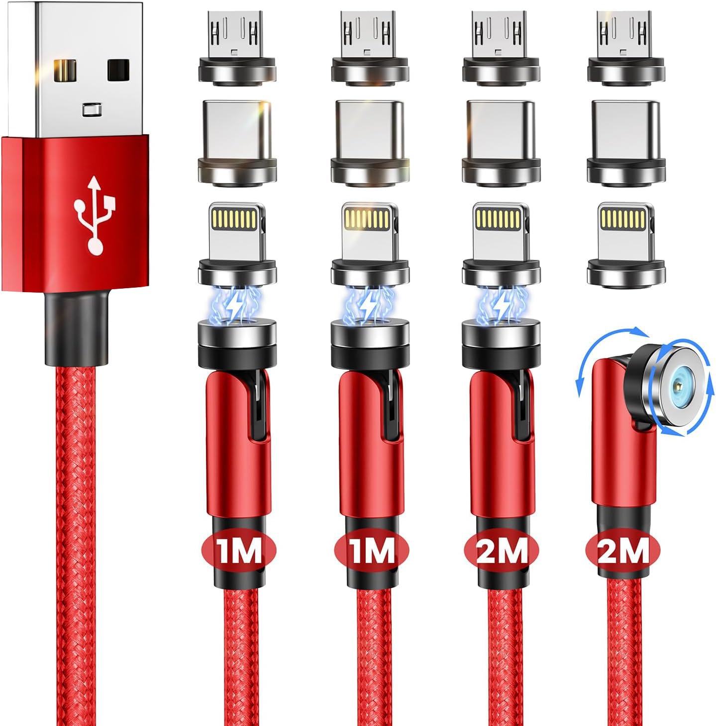 

Nonfuf Magnetic USB Charging Cable of 1m x 2m x Rotating Cable for USB Micro and Magnetic for Smartphone Charging [Set 4, 2, 2] 3-in-1 540° C, Type-C,