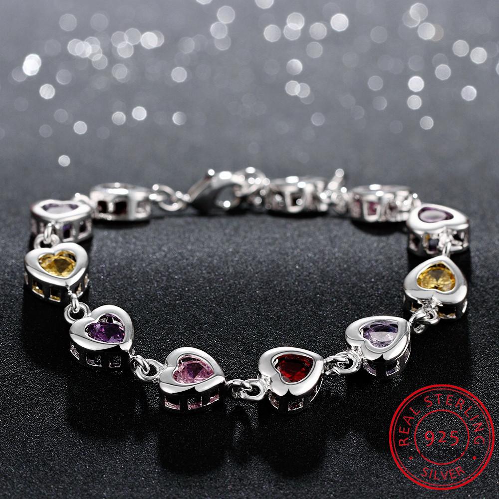 925 Sterling Silver Created Moissanit Rainbow Crystal CZ Gemstone Love Heart Bracelets For Female Jewelry Wedding Gift