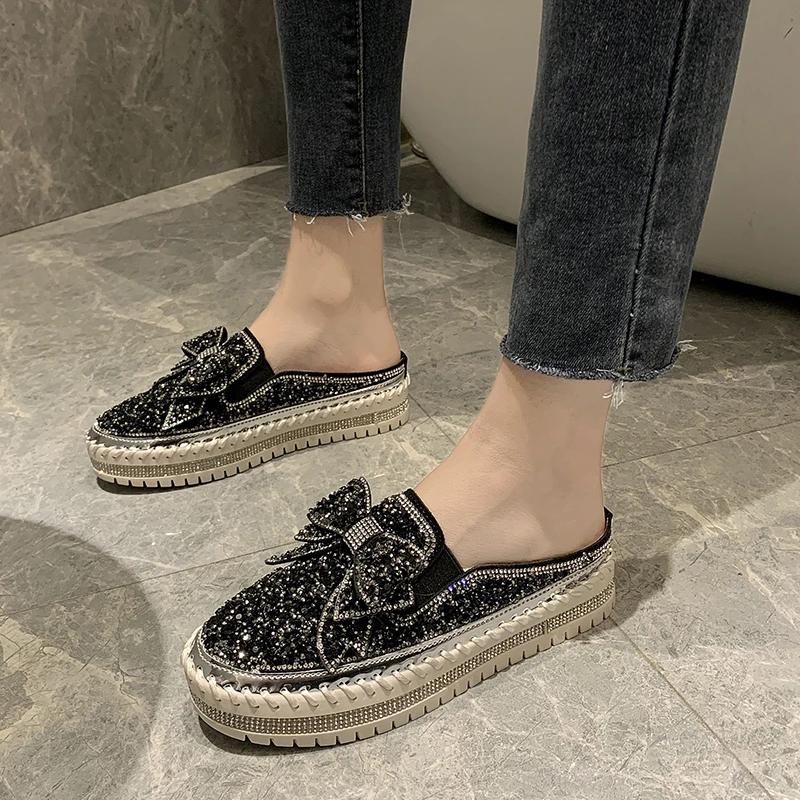 

Мода 2024 года, квадратный носок, блестки, бусины, мюли, женские тапочки, летняя обувь, женские сандалии, шлепанцы, жемчужные блестки, блестящие шлепанцы Plus 35