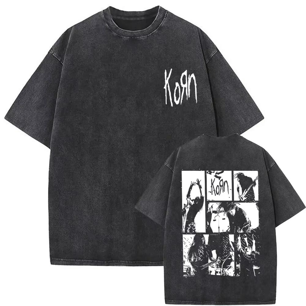 Washed Vintage Alternative Nu Metal Rock Band Korn Print Tshirt Men Oversized T-shirts Male Fashion T Shirts Y2k