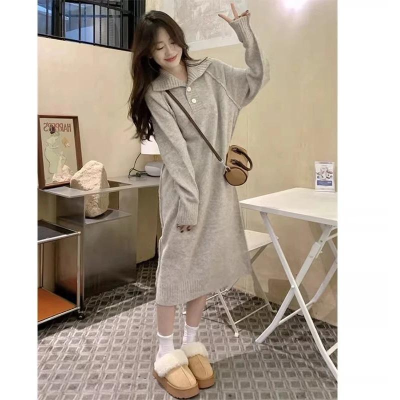 Women's Polo Collar Knitted Dress Loose French Sle Bottoming Inner Wear Mid-Length Over-the-Knee Sweater Skirts