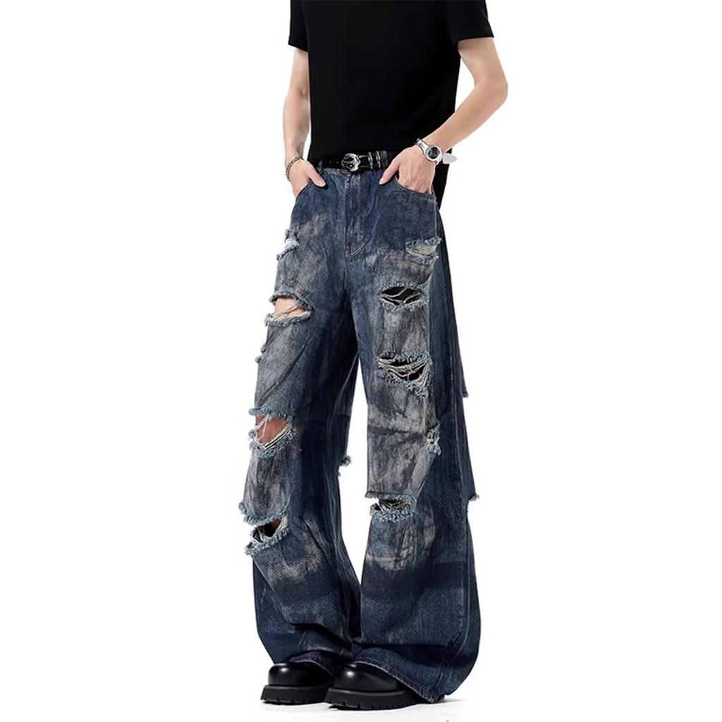 Men's summer washed ripped scimitar pants wide American design sense casual loose trousers jeans spot