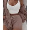 Women's Loose Fit Three Piece Loungewear Long Sleeve Fuzzy Cardigan V Neck Tank Drawstring Waist Shorts Winter Solid Tracksuit
