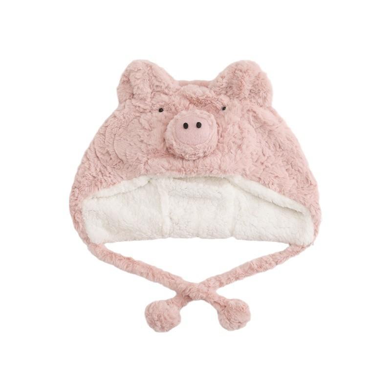 

Мохнатая мультяшная милая шапка-поросенок женская зимняя теплая и ветрозащитная бархатная шапка для головы с утолщенной защитой One Size