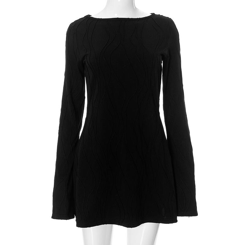 Women's Autumn Solid Color Round Neck Wavy Stripe Long Sleeve Bodycon Dress