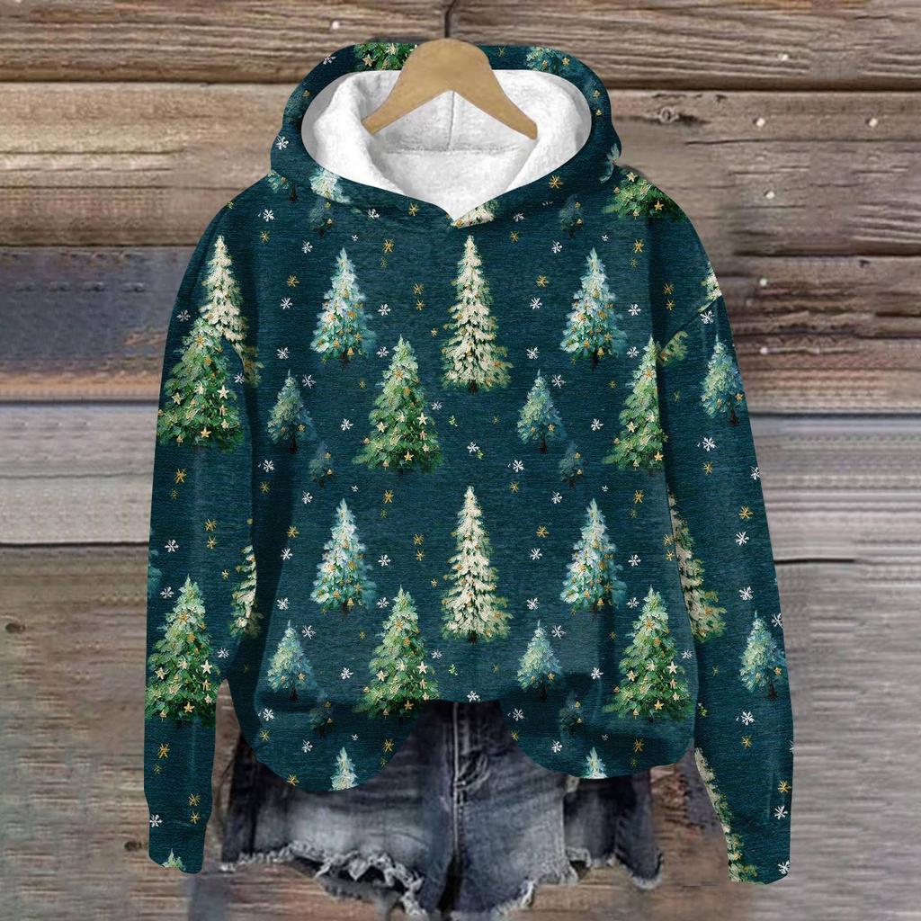 Women's Fashion Long Sleeve Christmas Print Loose Hooded Sweatshirt Top
