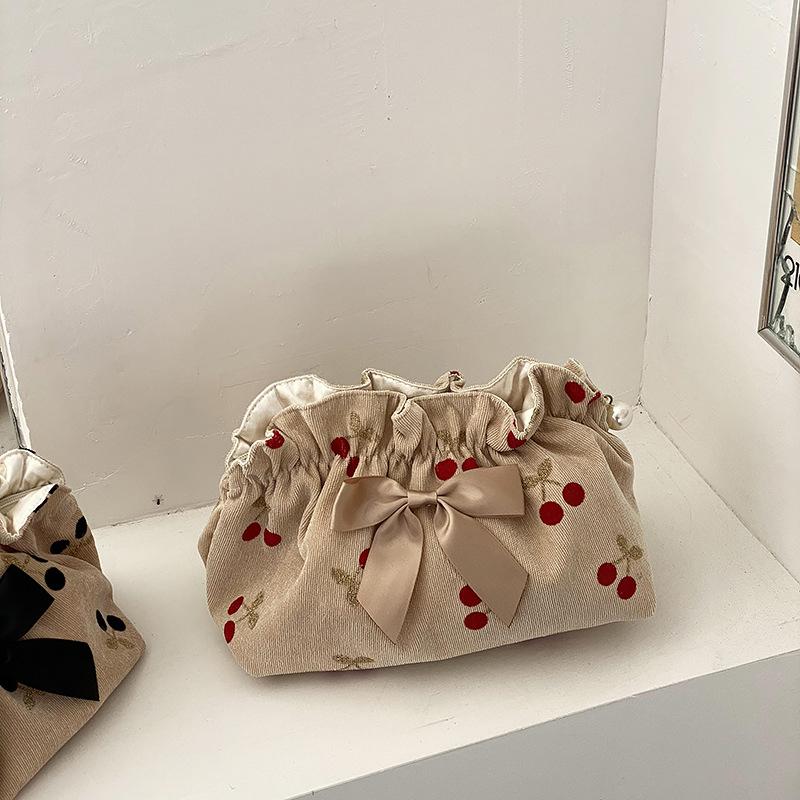 Weiche Cord-Kirsch-Kosmetiktaschen für Mama Mommy Bag Baby Windel Windelorganisator Schleife Damen Abendtasche Geldbörse Schwangerschaftstasche