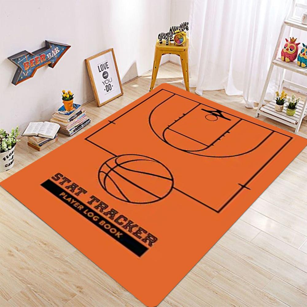 Großer Basketballplatz Muster Teppich für Wohnzimmer und Schlafzimmer Lebendiges Orange Sport Thema Bodenmatte Rutschfest Weicher Bereichsteppich