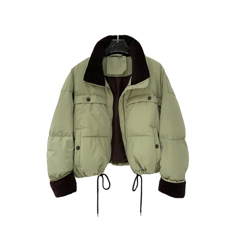 Corduroy contrasting color stand-up collar down jacket women's 2024 winter fashion sweet warm white duck down small bread jacket