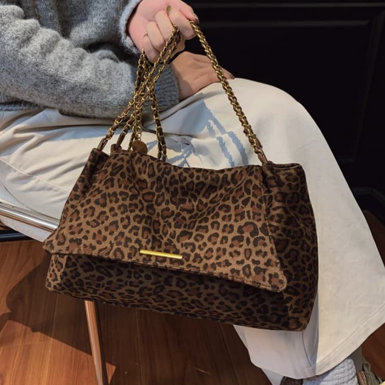 Ladies Gold Zipper Leopard Print Crossbody Bag