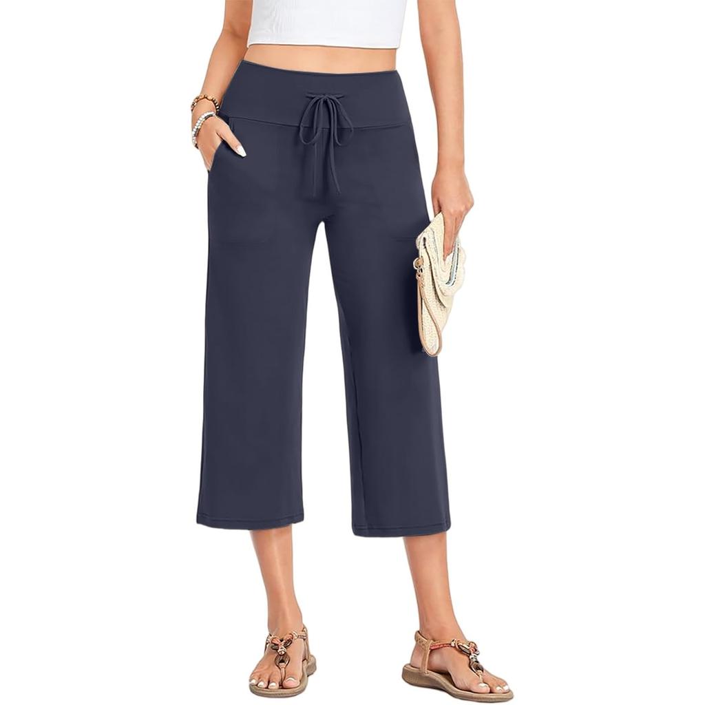 Women Summer Casual Drawstring Waist Wide Leg Cropped Pants with Pockets Lightweight Loose Fit Lounge Capri Trousers for Yoga and Everyday Wear