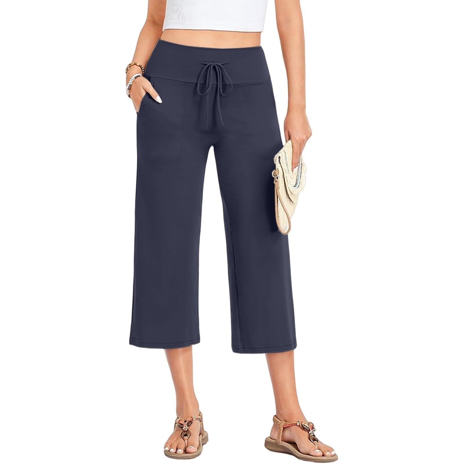 

Women Summer Casual Drawstring Waist Wide Leg Cropped Pants with Pockets Lightweight Loose Fit Lounge Capri Trousers for Yoga and Everyday Wear XL Темно-синій