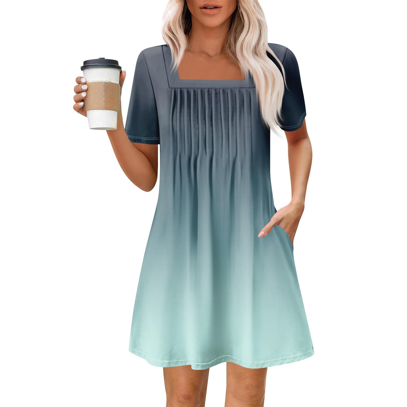 

Женские летние повседневные платья с квадратным вырезом, плиссировкой спереди и карманом, с короткими рукавами и принтом S циан