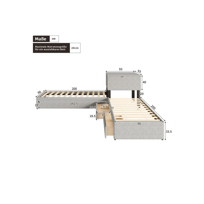 Lit d'angle, deux lits simples avec tiroirs de rangement, avec lit gigogne, 90x200 cm, sans matelas, lin, gris